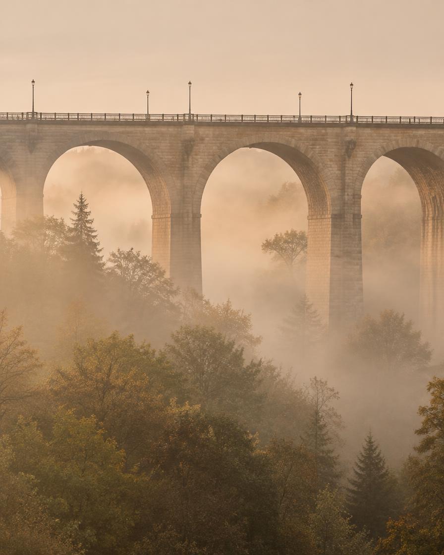 Stone viaduct arches in early fog, Luxembourg